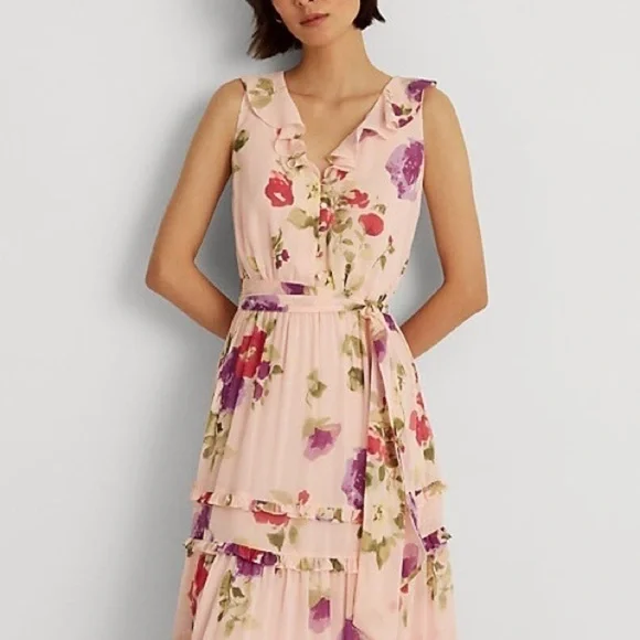 Lauren Ralph Lauren Floral Crinkled Georgette Dress in Pink/Sage/Multi - Picture 3 of 12